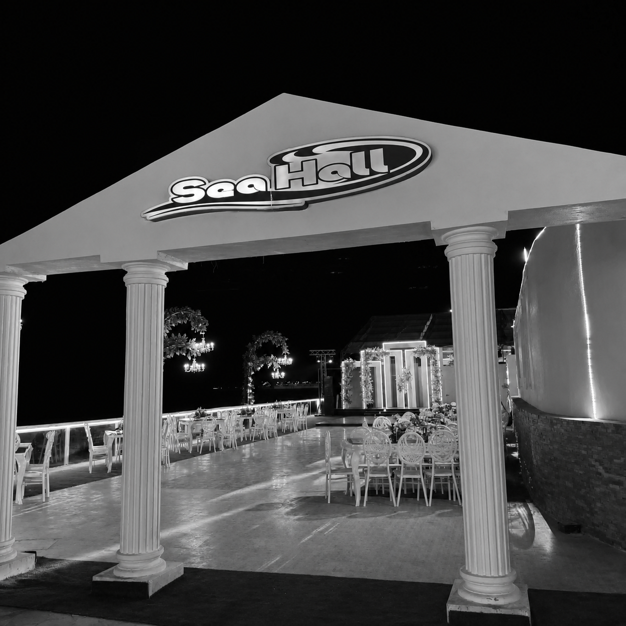 Sea Hall wedding venue at night